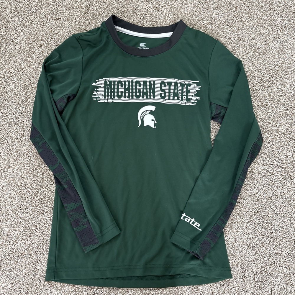 Youth Colosseum Med 12/14 Michigan State Spartans Green LS pullover Dri Fit